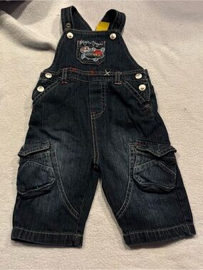 Gagou Tagou dark denim overalls featuring a whimsical embroidered fox patch 3 m